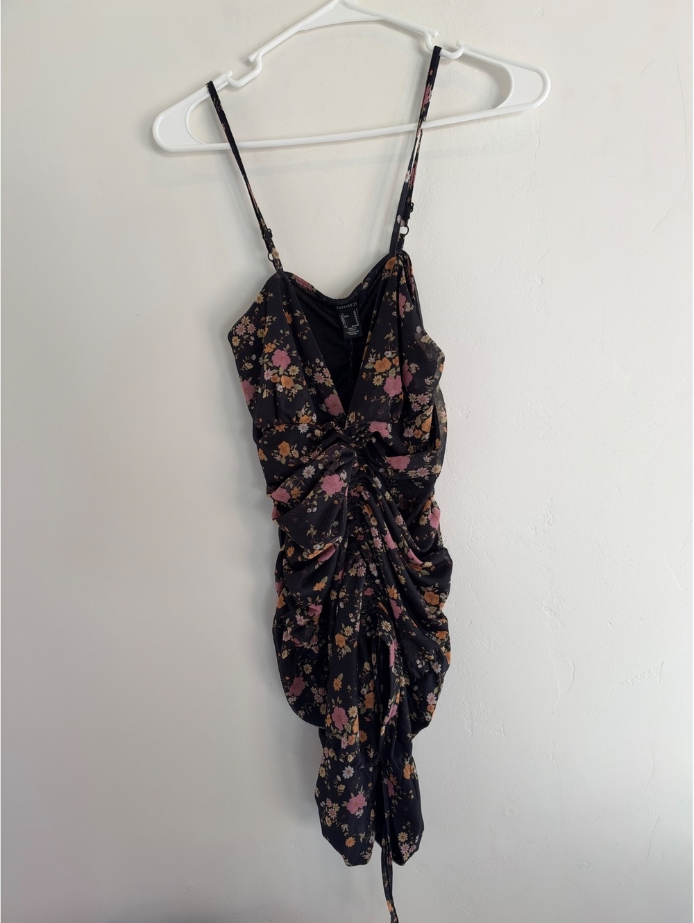 Forever 21 Black Floral Ruched Mesh Mini Dress Size Medium